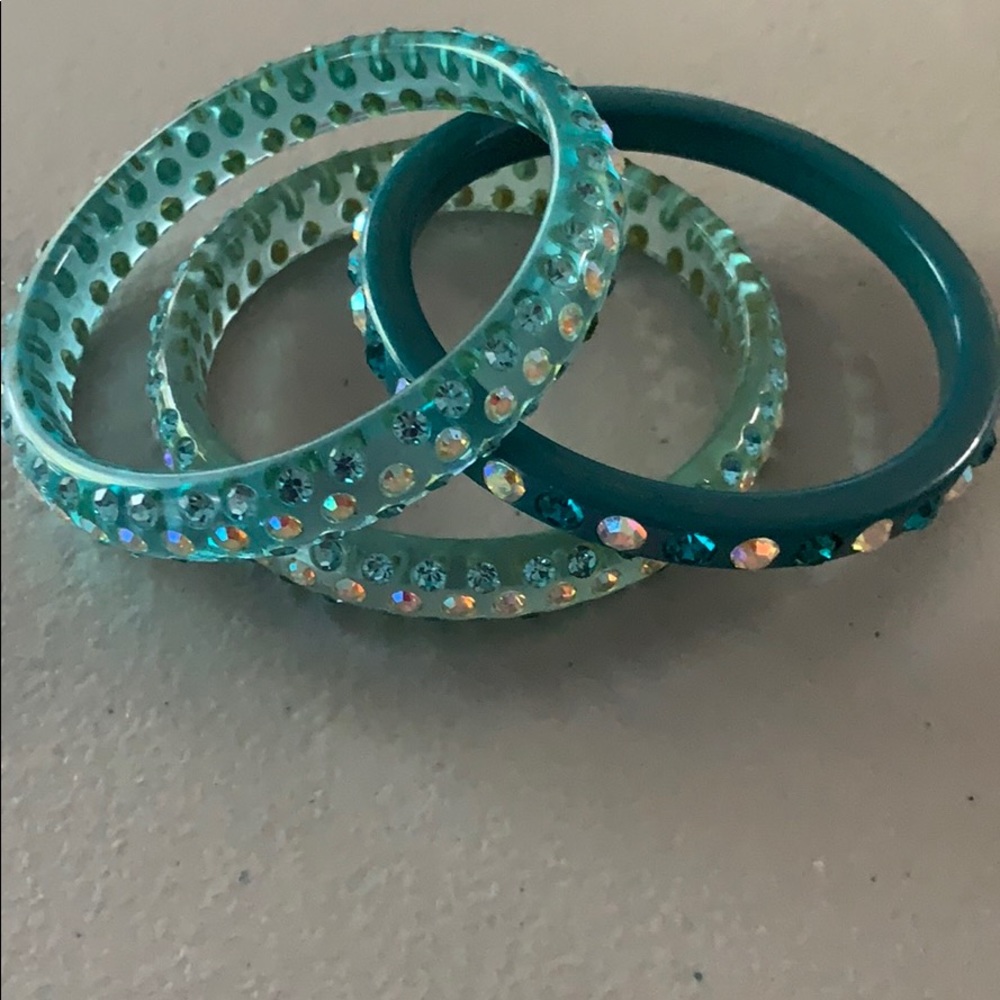 3 Light blue rhinestone plastic bangles